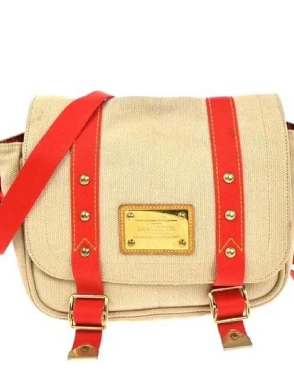 LOUIS VUITTON Antigua Besace PM Shoulder Bag Canvas Beige Red M40041 GHW 34TA551